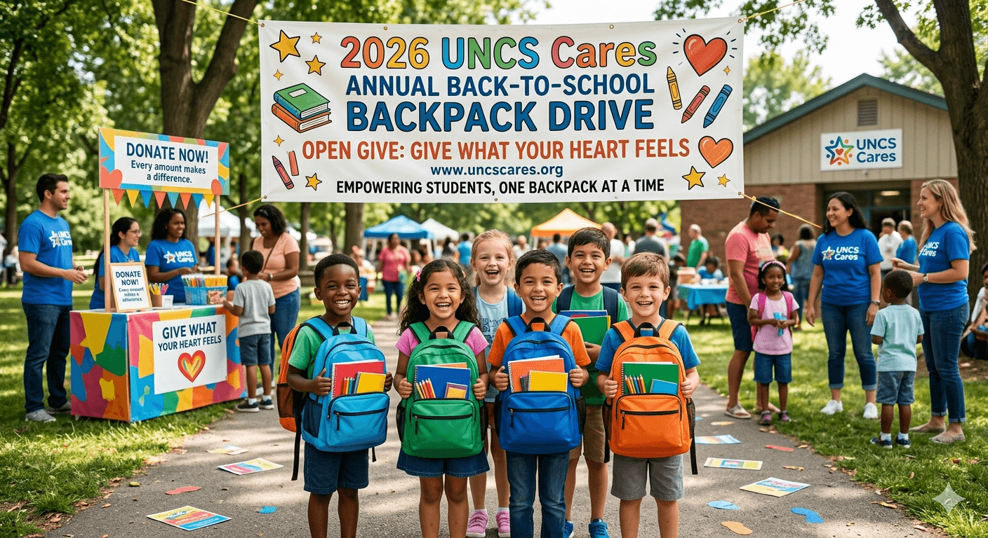 UNCS Cares 2026 Back to School Backpack Drive — children holding colorful backpacks